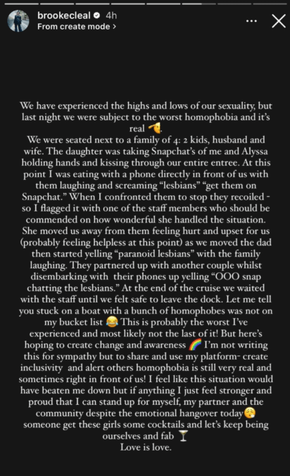 brooke cleal homophobic experience instagram story